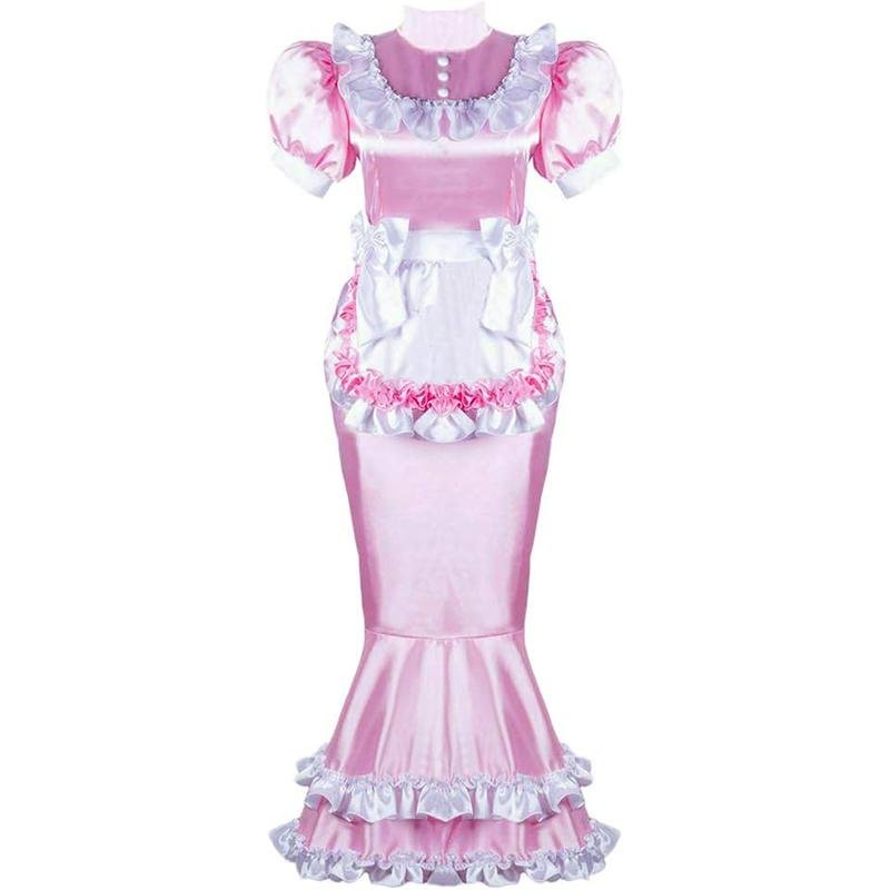 Custom Girl Maid Sissy lockable Pink Satin Fishtail Dress for Cosplay
