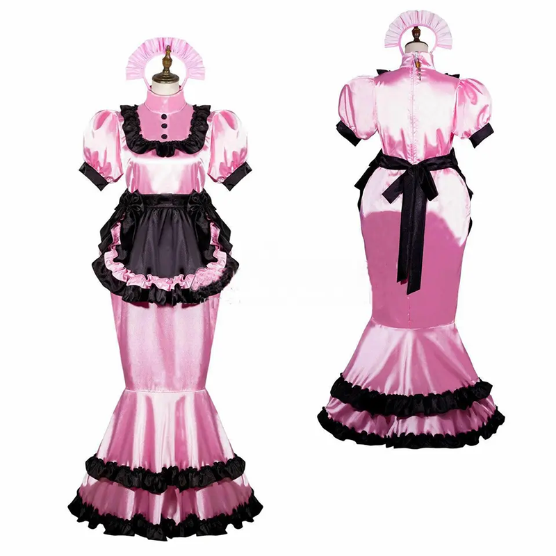 Custom Girl Maid Sissy lockable Pink Satin Fishtail Dress for Cosplay (2-1)
