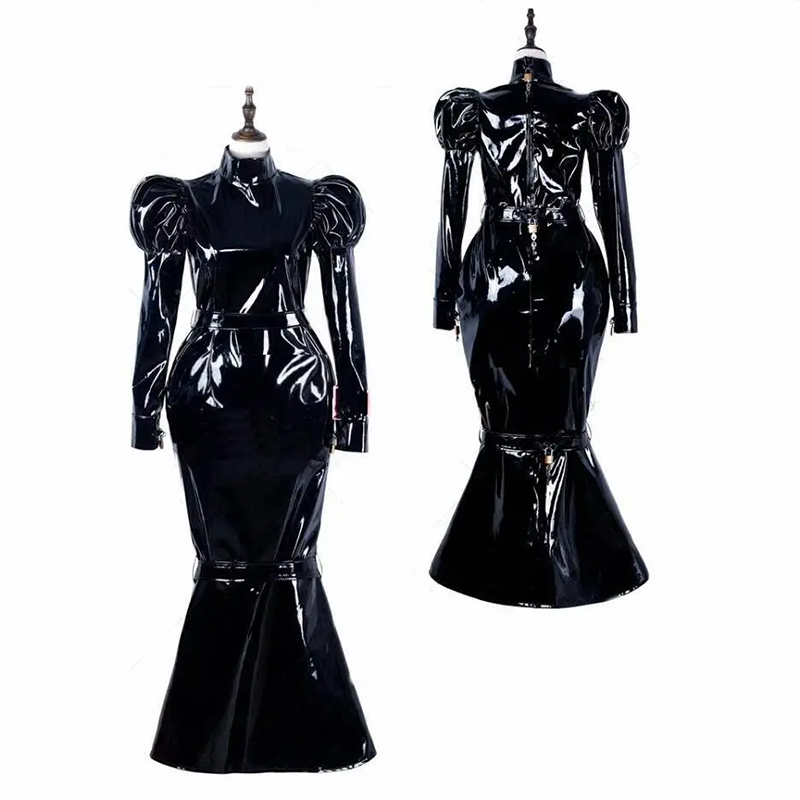 Tailor-made Girl Sissy Sexy Maid Black PVC Lockable Fishtail Dress Cosplay