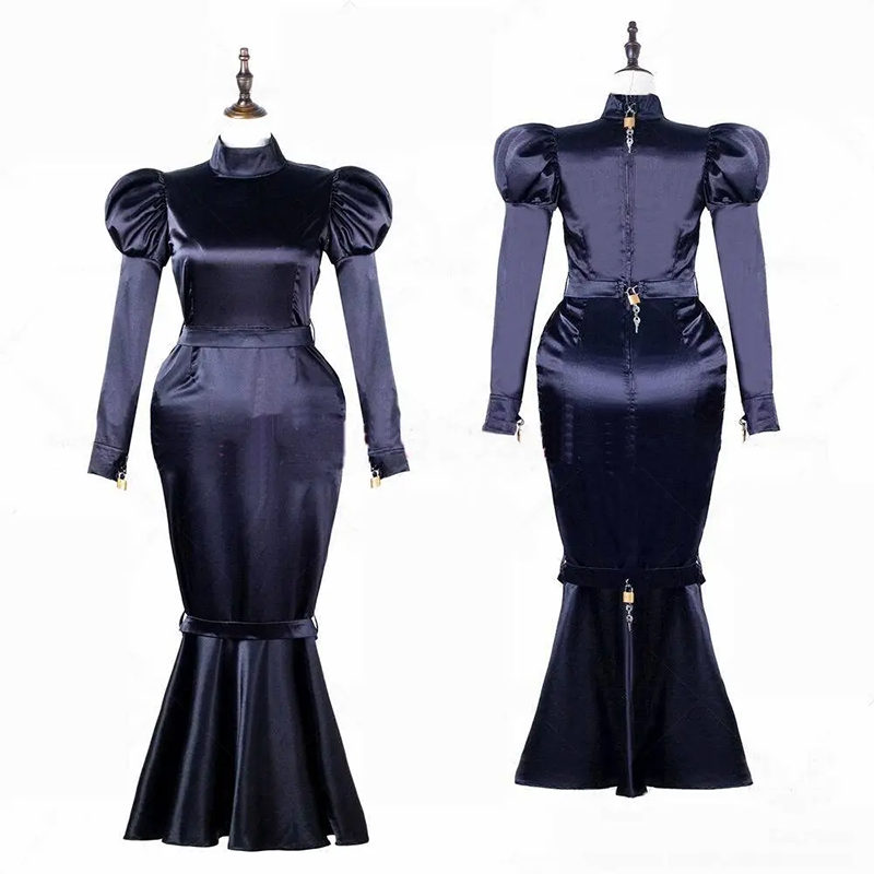 Tailor-made Satin Lockable Fishtail Dress Girl Sissy Sexy Maid Black Cosplay Costume