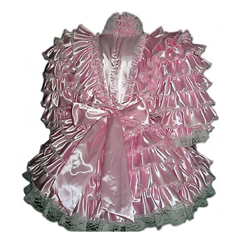 Tailor-made Sissy Lockable Pink Satin Lace Ruffle Polygon Party Dress